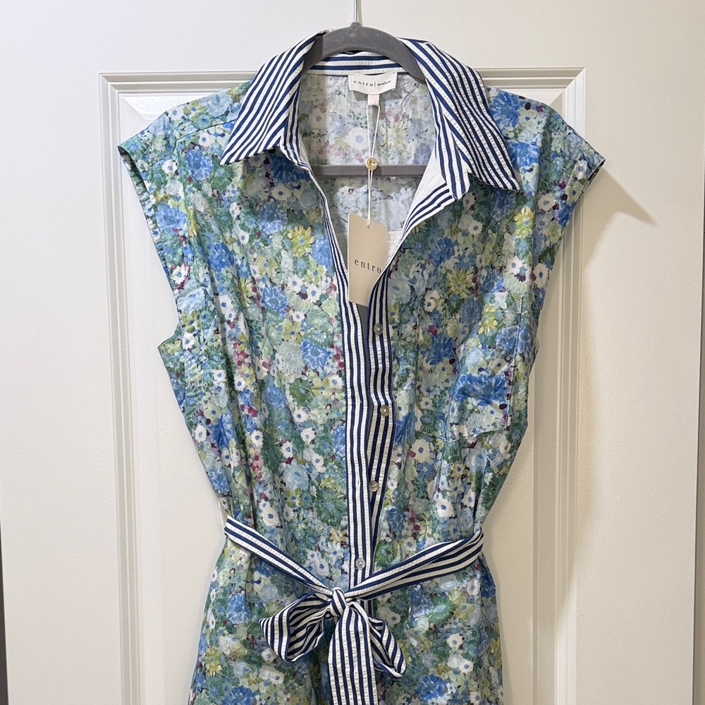 Entro Blue Floral Midi Dress with Striped Collar